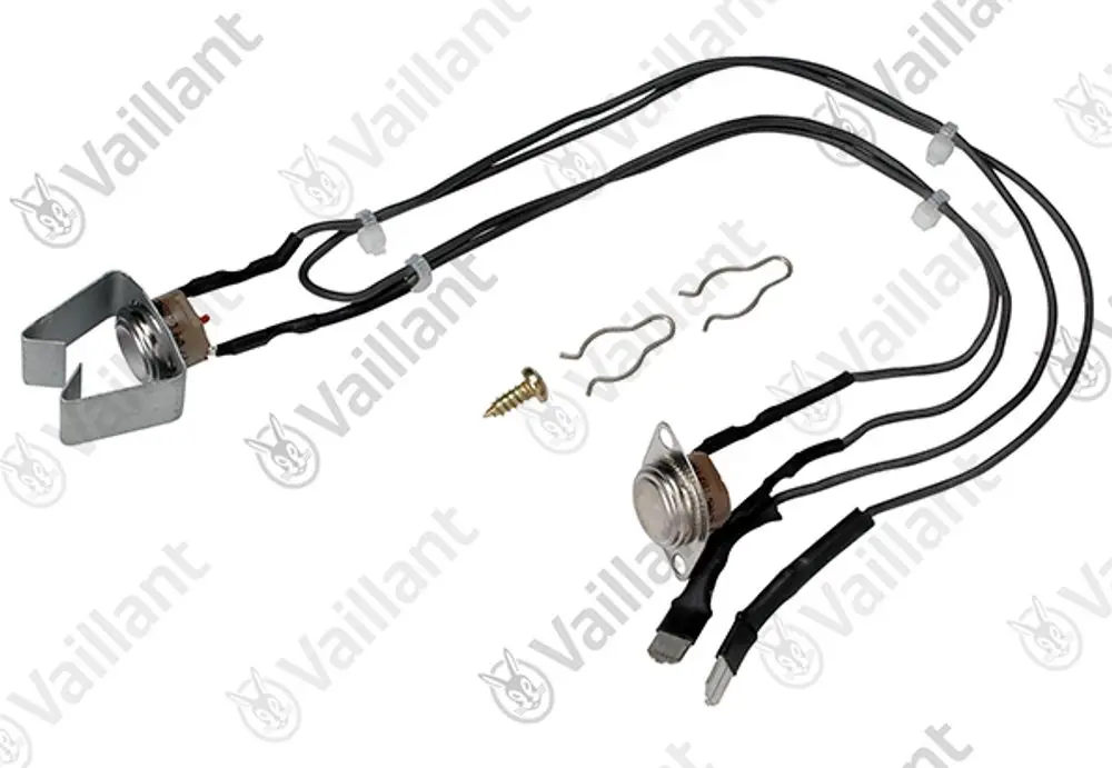 Vaillant Temperaturbegrenzer mit zwei Anschlüssen, verbunden durch Kabel, Metallhalterung und Schraube, sowie zwei Clips.